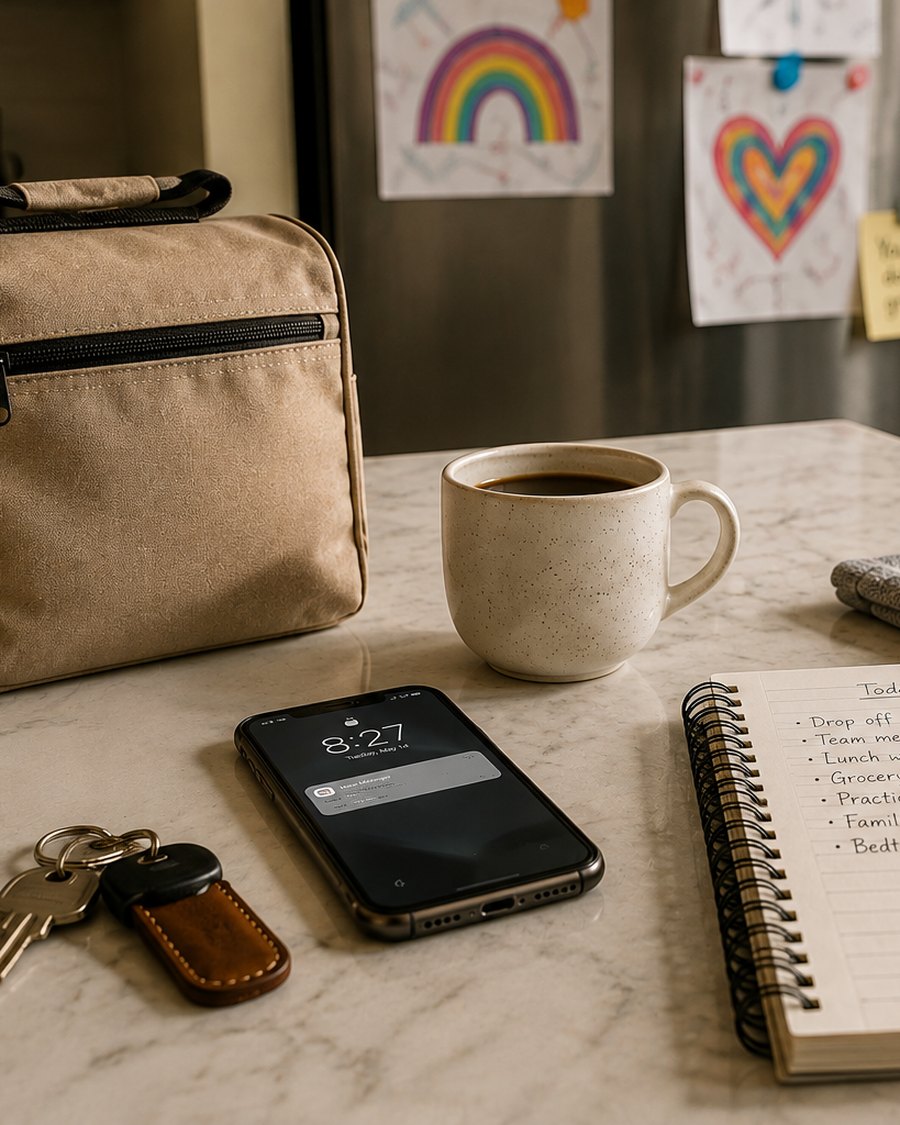 A kitchen counter with a phone, coffee, keys, and a to-do notebook, with children's drawings on the fridge behind
