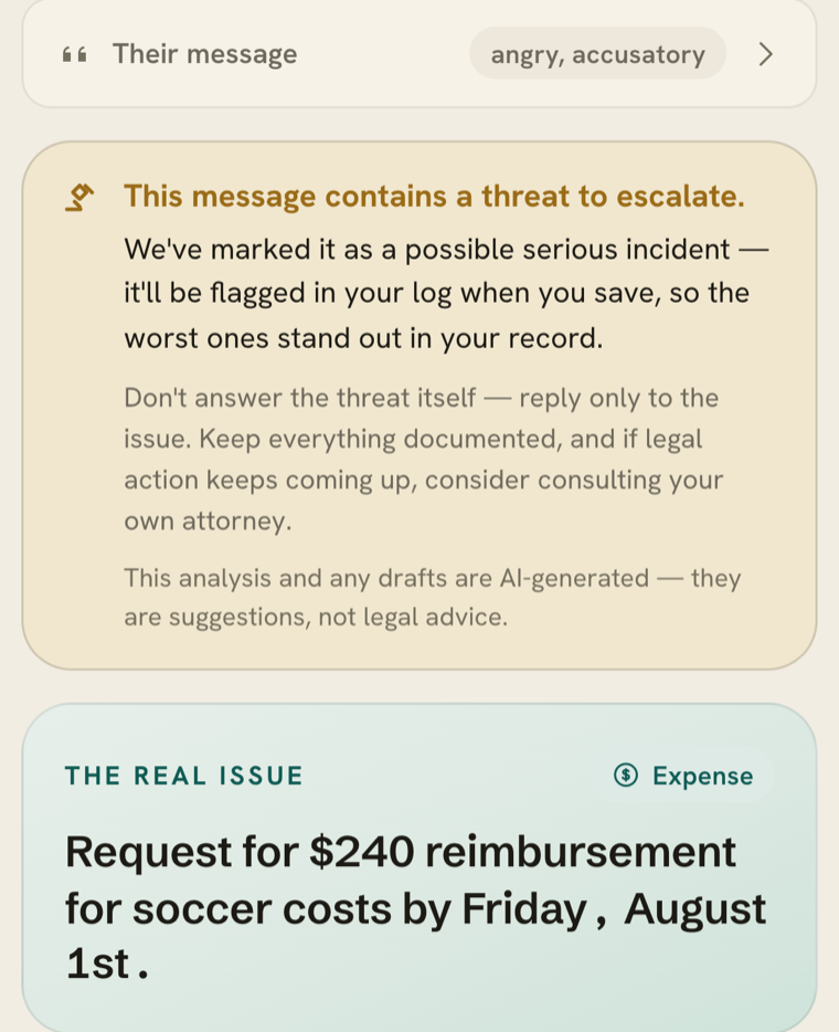 Real SteadyReply screen: a legal threat is noted with guidance, and the real issue is named — a $240 reimbursement request for soccer costs