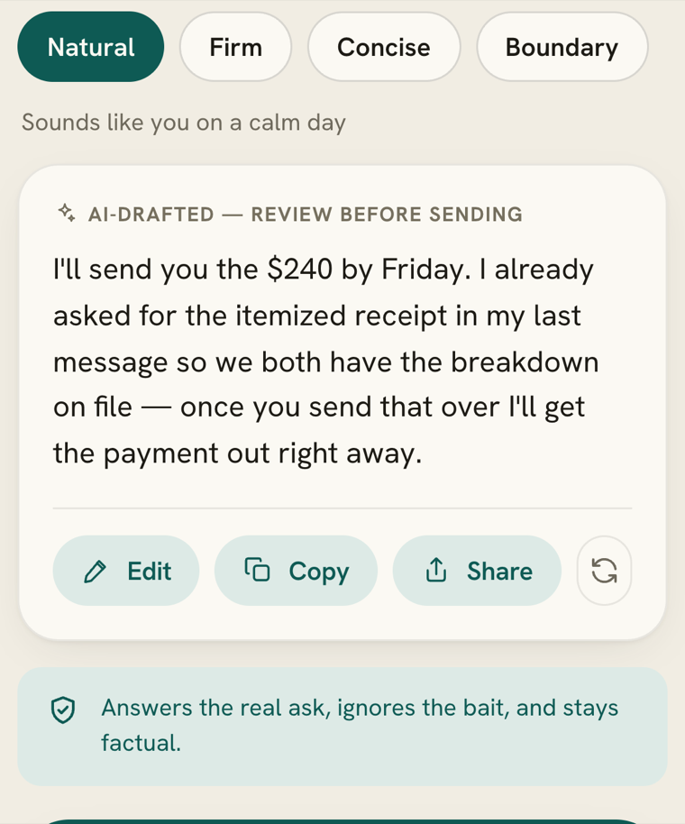 Real SteadyReply screen: Natural, Firm, Concise and Boundary tones above an AI-drafted reply marked review-before-sending